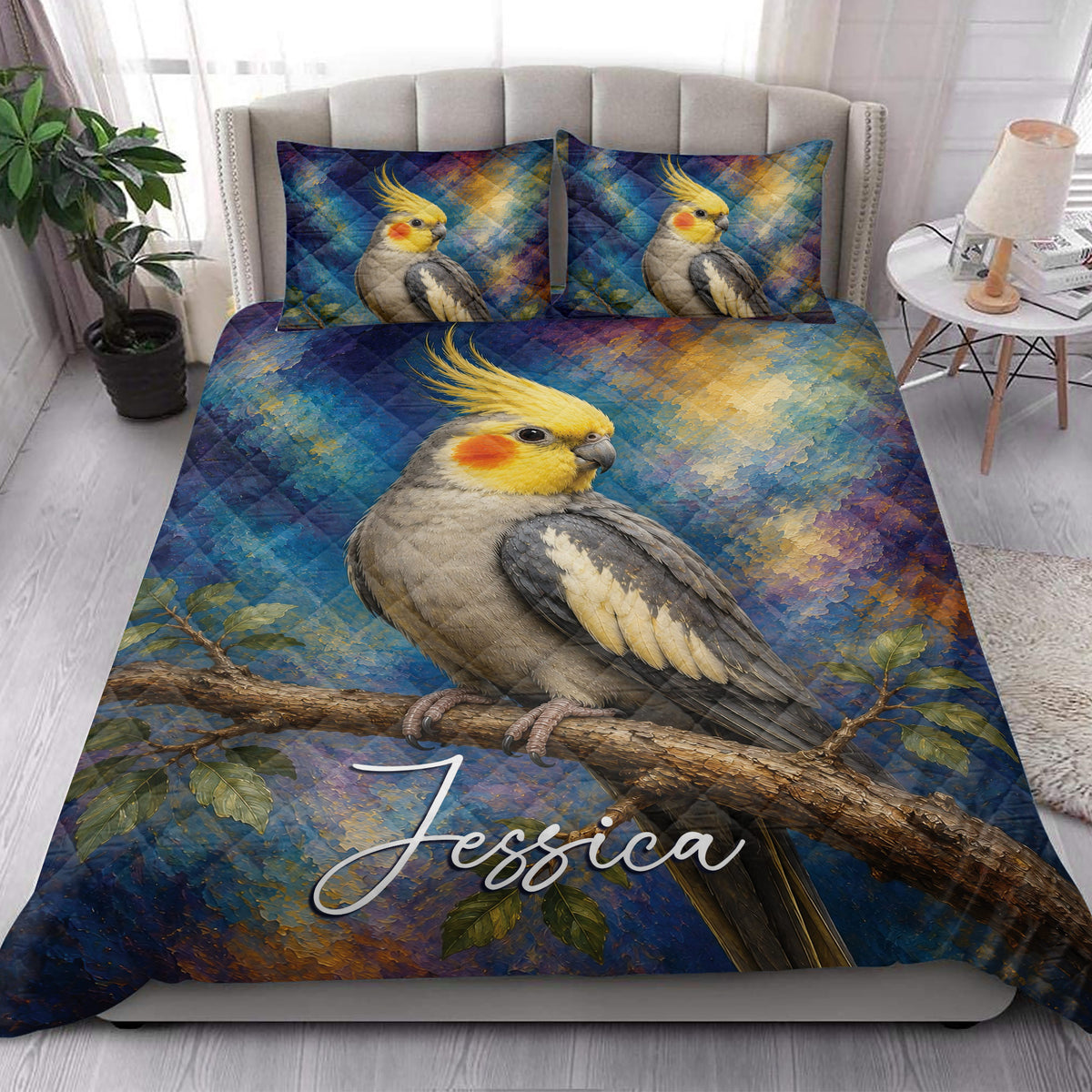 Cockatiel quilt bedding styled in a bright bedroom with a large bird perched on a branch