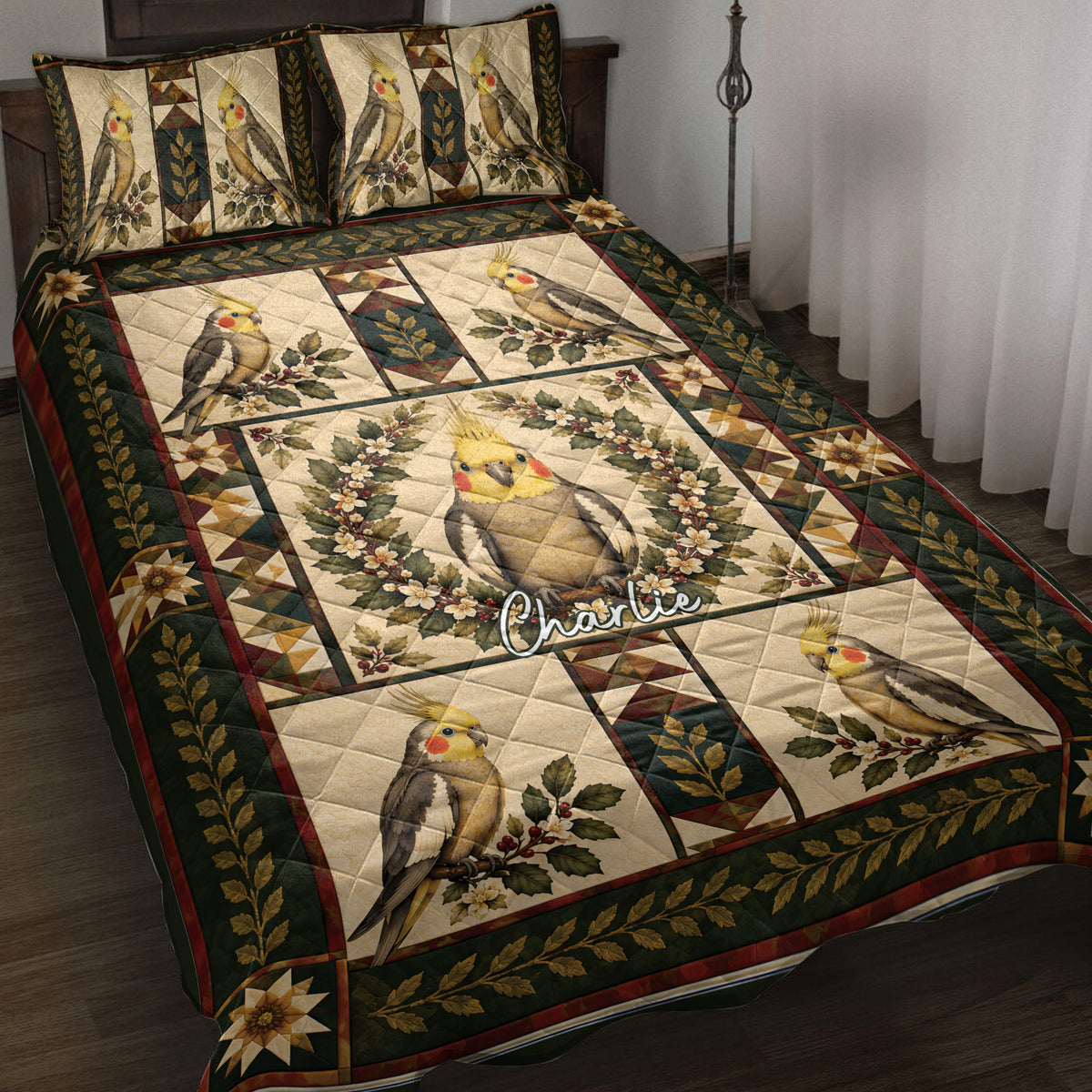 Cockatiel quilt blanket displayed on a bed with botanical panels, geometric borders, and vintage-inspired bird artwork
