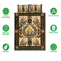 Cockatiel quilt bedding set shown with soft breathable and machine washable feature icons around the bird design