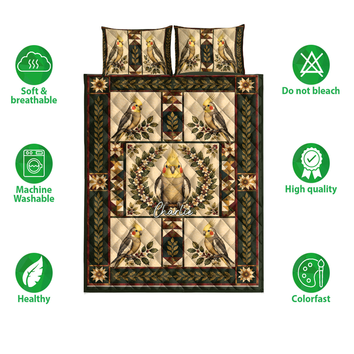 Cockatiel quilt bedding set shown with soft breathable and machine washable feature icons around the bird design