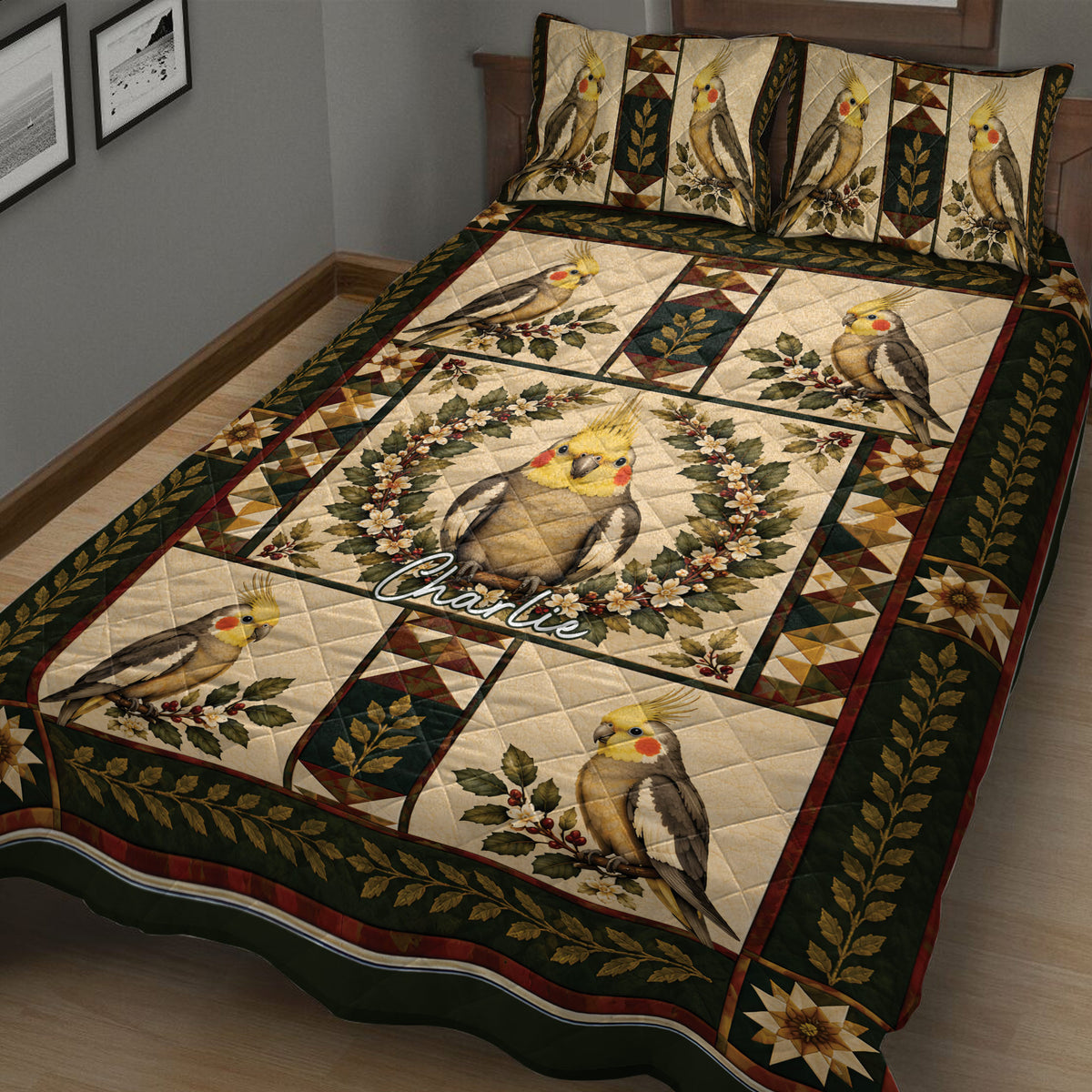 Vintage cockatiel quilt blanket displayed on a bed with floral branches, dark green borders, and bird panels