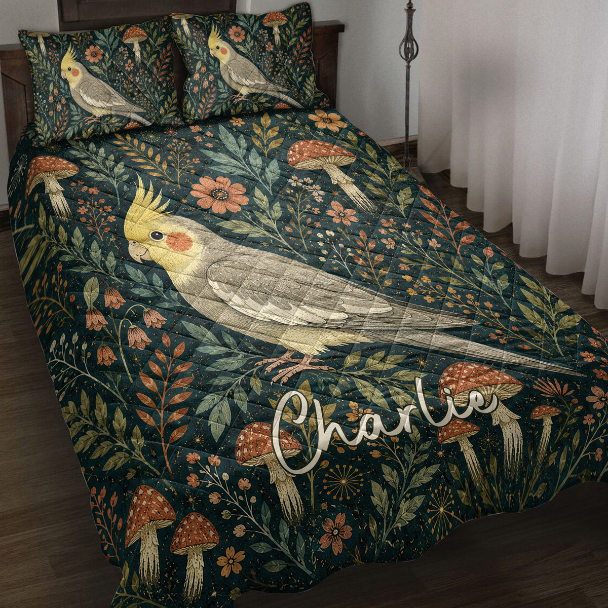 Cockatiel quilt blanket displayed on a bed with botanical foliage, flowers, mushrooms, and dark teal artwork