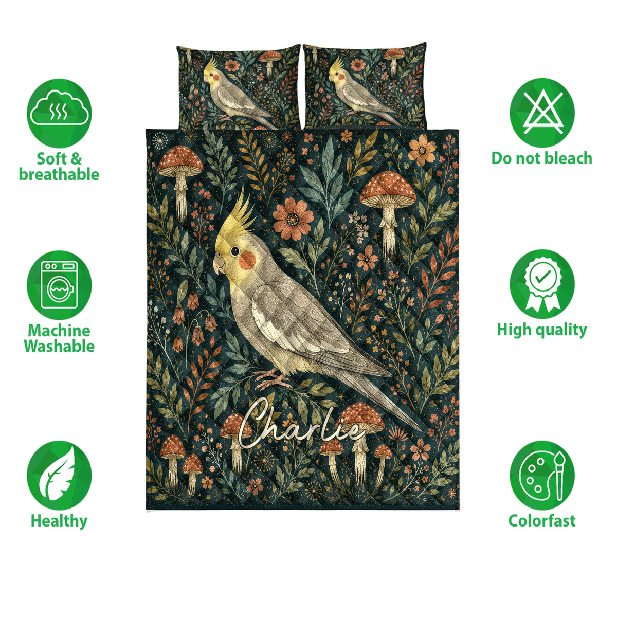 Cockatiel quilt bedding set with botanical artwork, mushroom motifs, and soft breathable feature icons