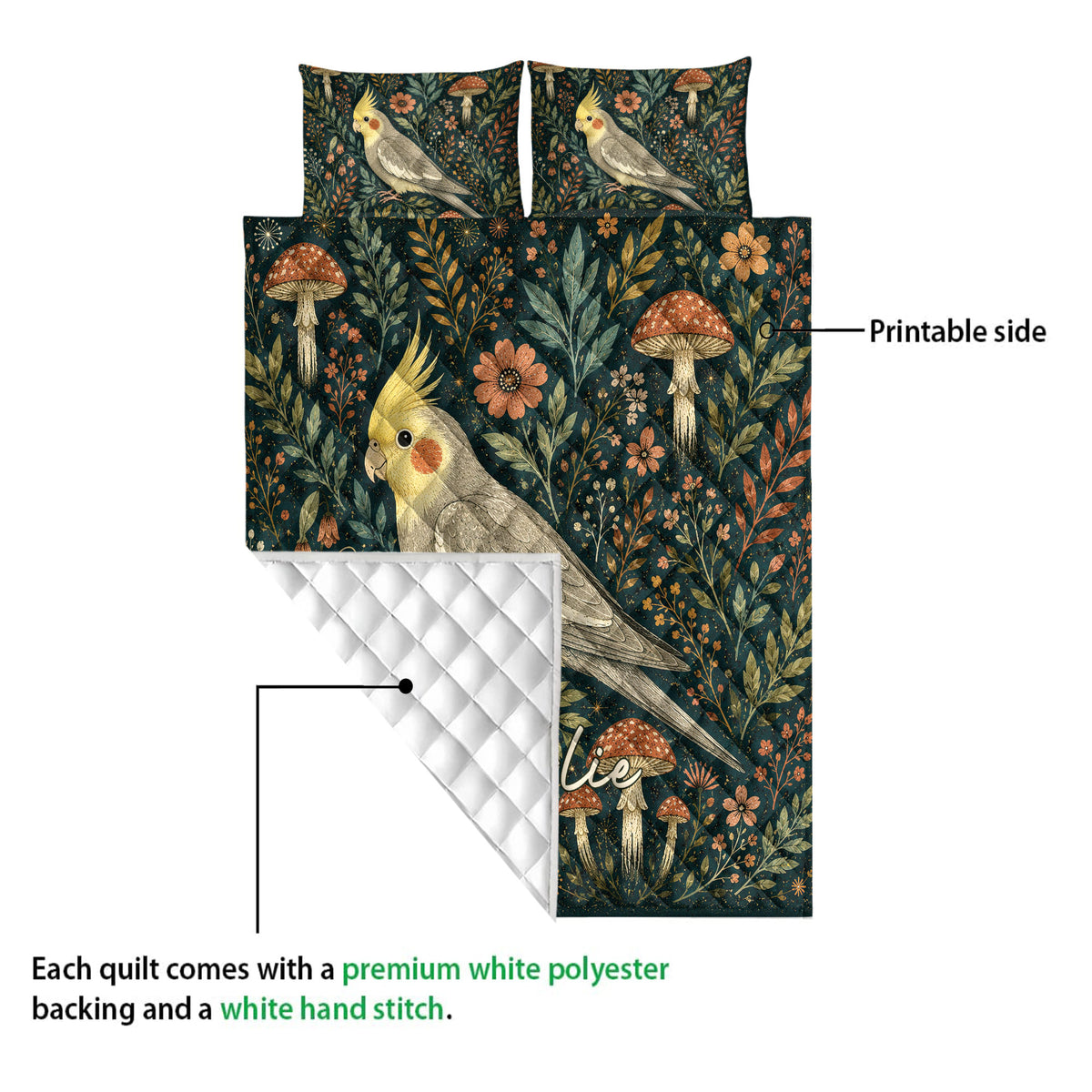 Cockatiel quilt showing a printed botanical side and white quilted backing detail