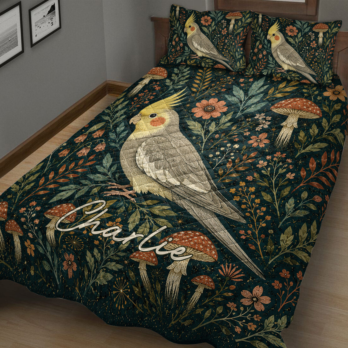 Close bedroom view of a cockatiel quilt blanket with flowers, leafy branches, and mushroom illustrations