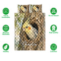 Cockatiel quilt bedding set shown with bird artwork, coordinating pillow designs, and feature icons