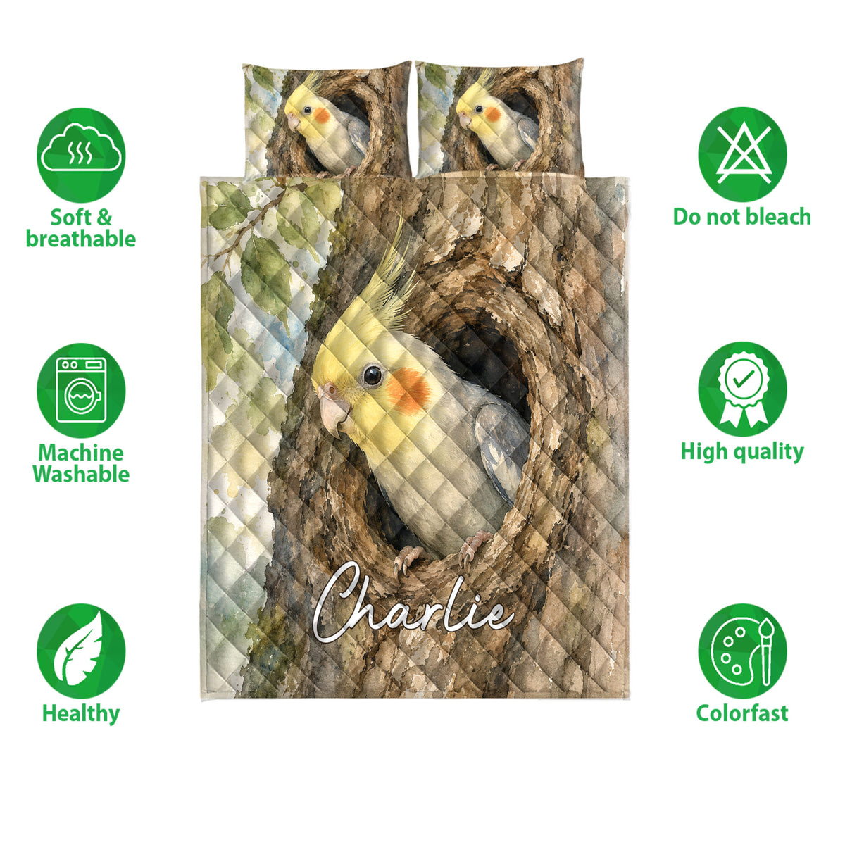 Cockatiel quilt bedding set shown with bird artwork, coordinating pillow designs, and feature icons