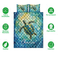 Sea turtle quilt bedding displayed with vibrant ocean colors and soft breathable design icons