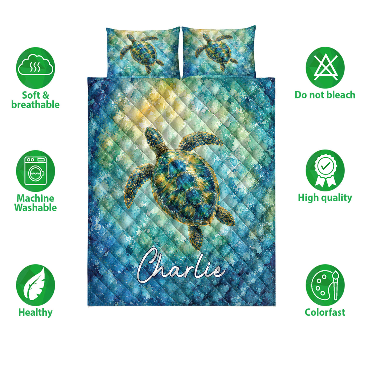 Sea turtle quilt bedding displayed with vibrant ocean colors and soft breathable design icons