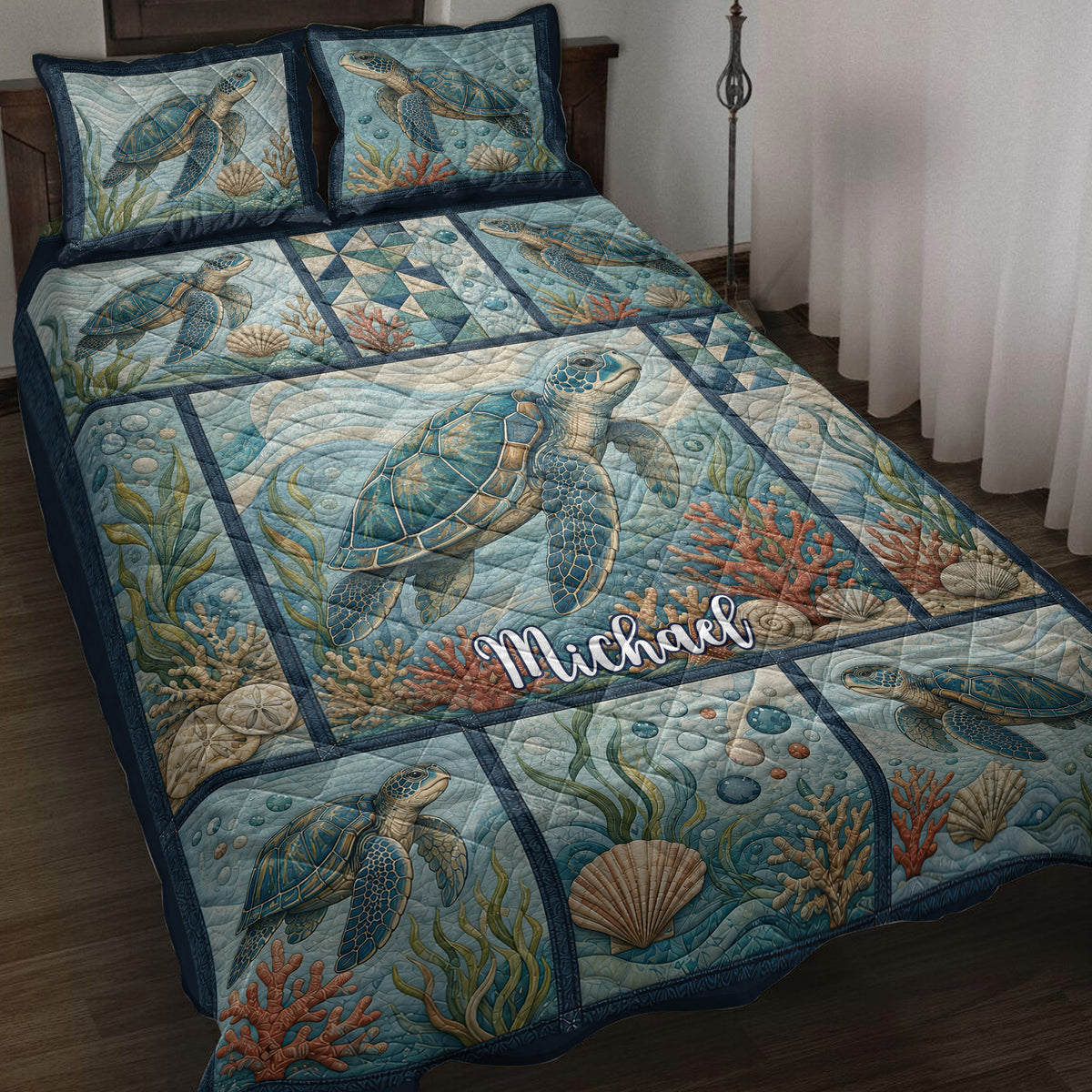 Sea turtle quilt bedding set displayed on a bed with ocean coral, shells, and blue underwater artwork