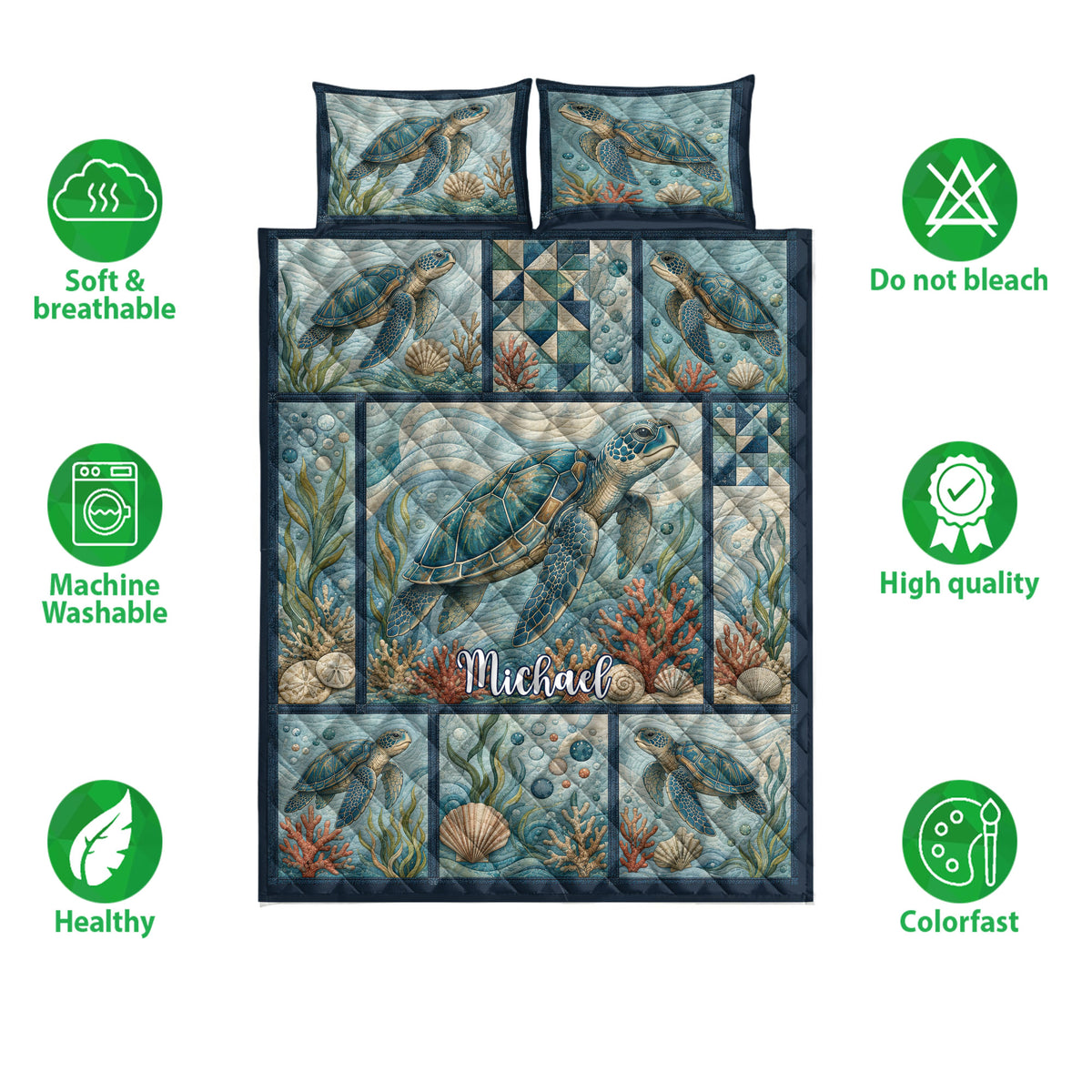 Sea turtle quilt and pillowcase design shown with soft breathable and colorfast product feature icons
