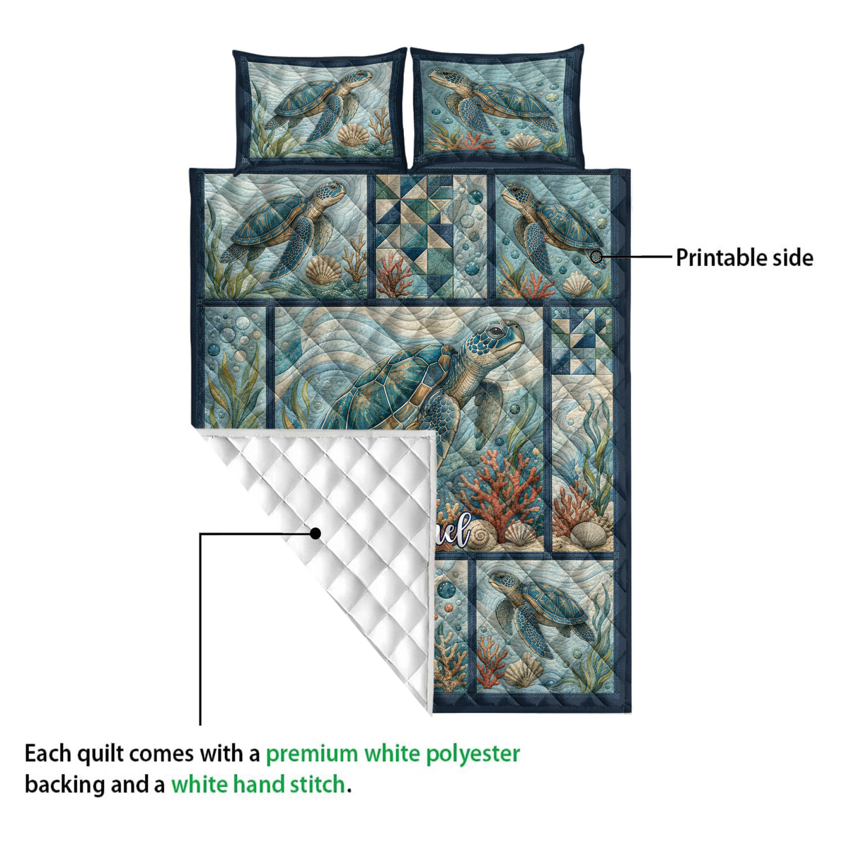 Sea turtle quilt showing the printed ocean artwork, quilted backing, and layered construction