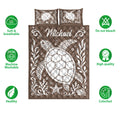 Brown sea turtle quilt bedding set shown with ocean artwork and soft breathable care feature icons