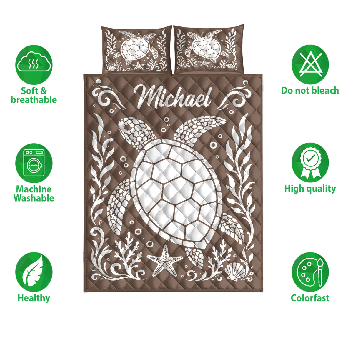 Brown sea turtle quilt bedding set shown with ocean artwork and soft breathable care feature icons