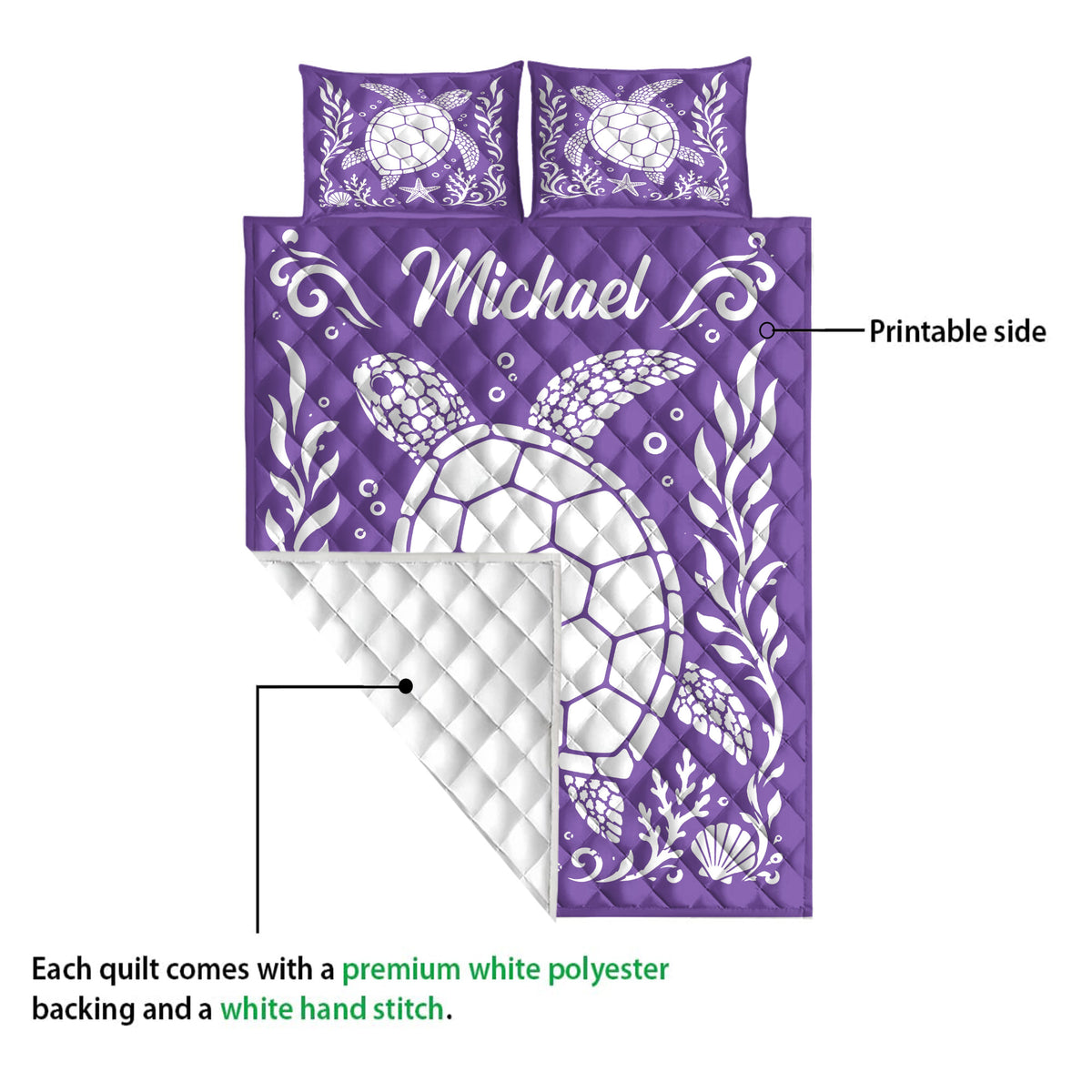 Purple sea turtle quilt showing the printed front and white quilted backing detail
