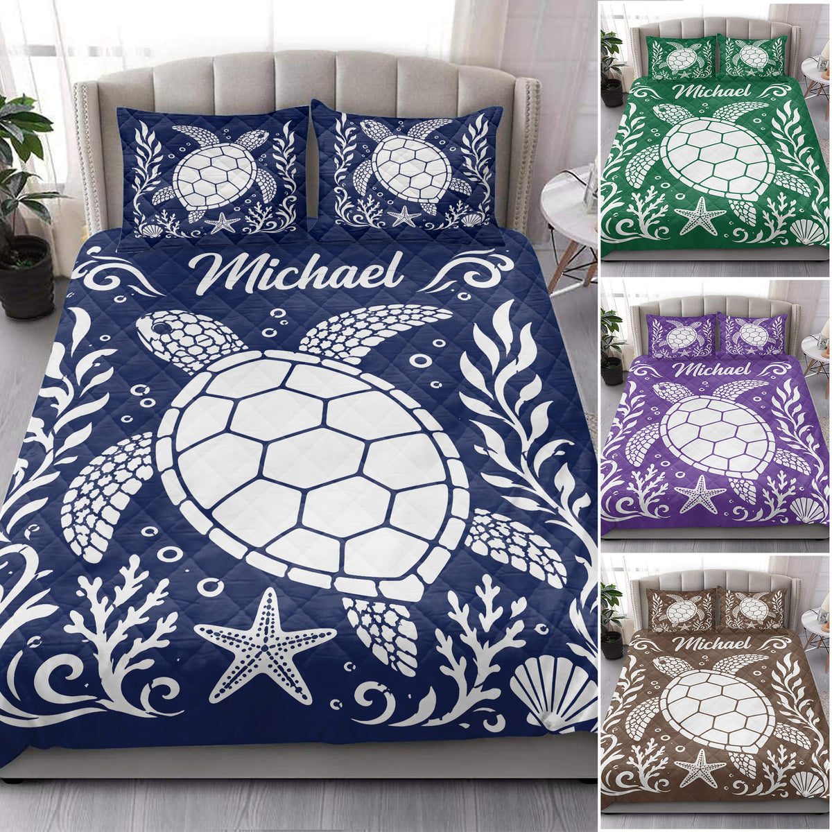 Sea turtle quilt bedding displayed in a bedroom with navy, green, purple, and brown color variations