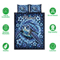 Sea turtle quilt bedding set shown with blue ocean artwork and product feature icons