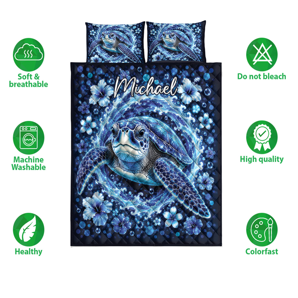 Sea turtle quilt bedding set shown with blue ocean artwork and product feature icons
