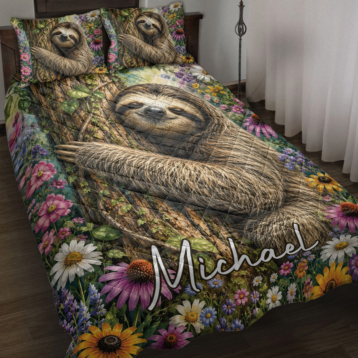 Sloth quilt blanket spread across a bed with woodland trees and colorful wildflower artwork