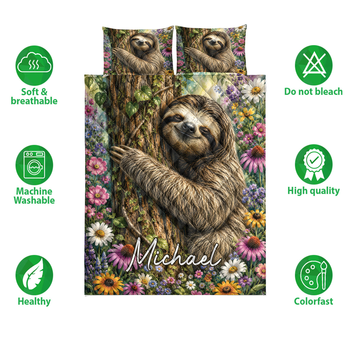 Sloth quilt bedding set displayed with woodland artwork, floral accents, and product feature icons