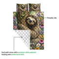 Sloth quilt blanket showing the vibrant printed side and white quilted polyester backing