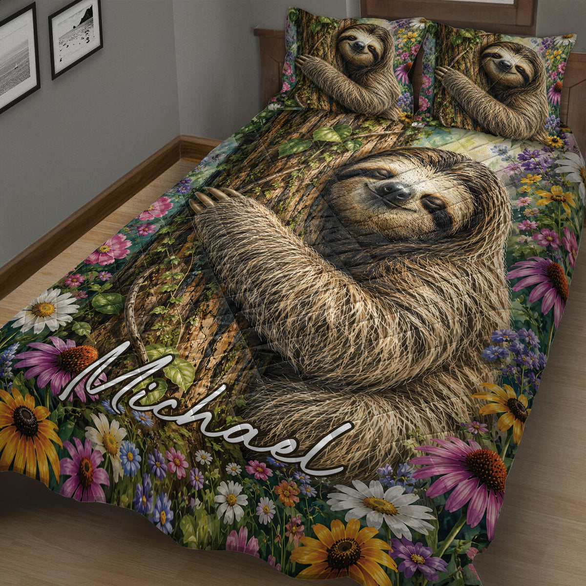 Close bedroom view of a sloth quilt blanket with forest textures and colorful flowers