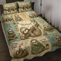 Sloth quilt bedding set displayed on a bed with leafy artwork, flowers, restful sayings, and a custom center panel