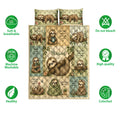 Sloth quilt blanket and pillowcase option displayed with lifestyle icons and a collage of sleeping sloth artwork