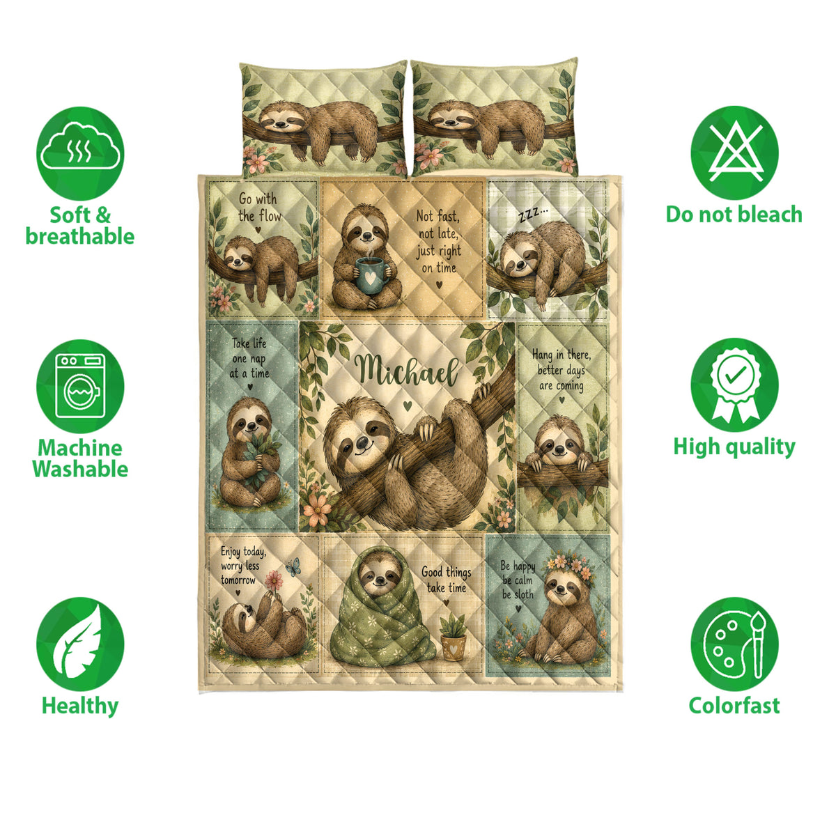 Sloth quilt blanket and pillowcase option displayed with lifestyle icons and a collage of sleeping sloth artwork