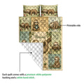 Sloth quilt showing the printed front and white diamond-stitched backing in a product construction detail view