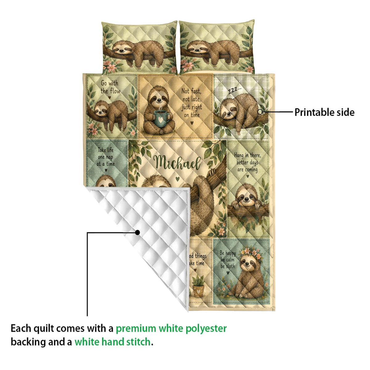 Sloth quilt showing the printed front and white diamond-stitched backing in a product construction detail view