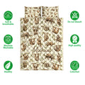 Sloth quilt bedding set displayed with matching patterned pillowcases and product feature icons