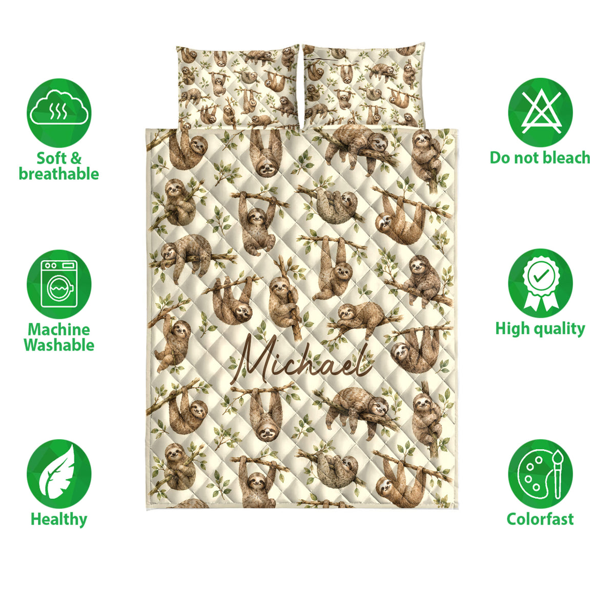 Sloth quilt bedding set displayed with matching patterned pillowcases and product feature icons