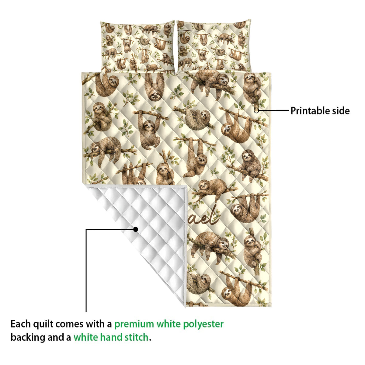 Sloth quilt showing the printed front, white reverse, and stitched diamond construction