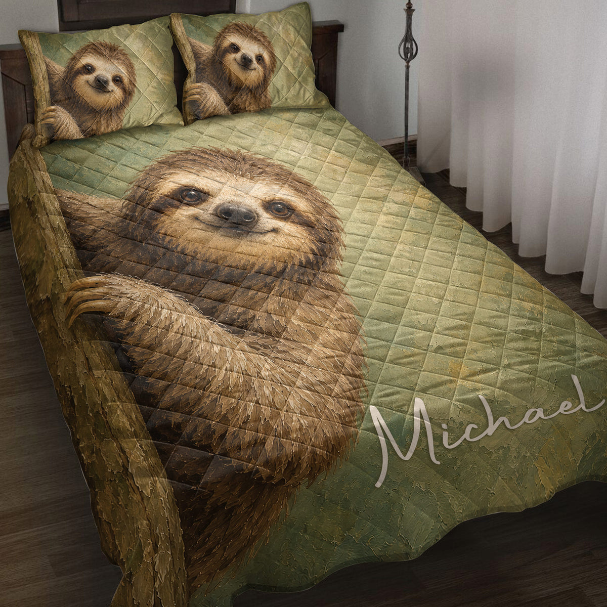 Sloth quilt blanket styled on a bed with matching sloth artwork and earthy green bedroom decor