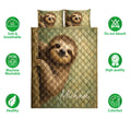 Sloth quilt bedding set displayed with matching pillow designs and product feature icons