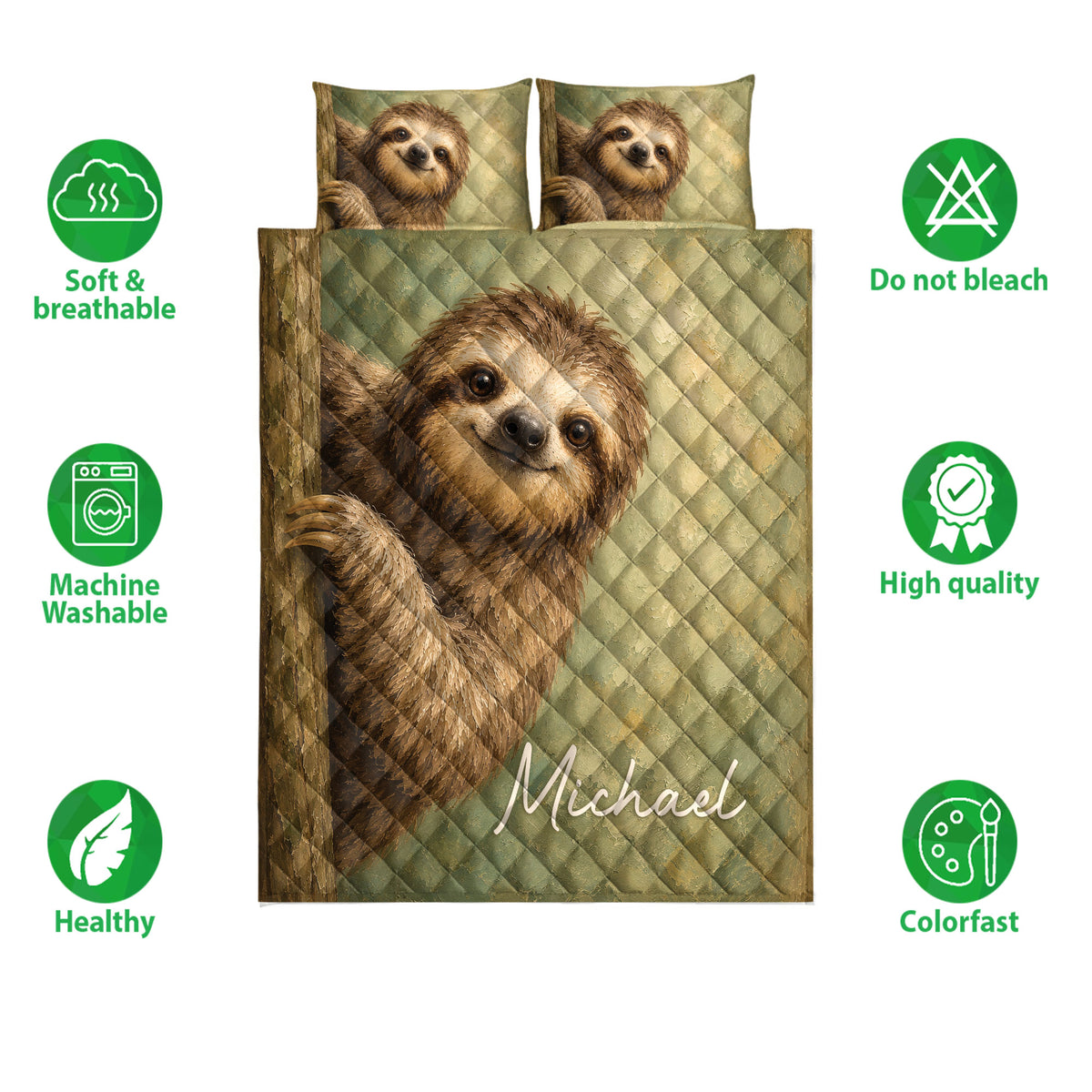 Sloth quilt bedding set displayed with matching pillow designs and product feature icons