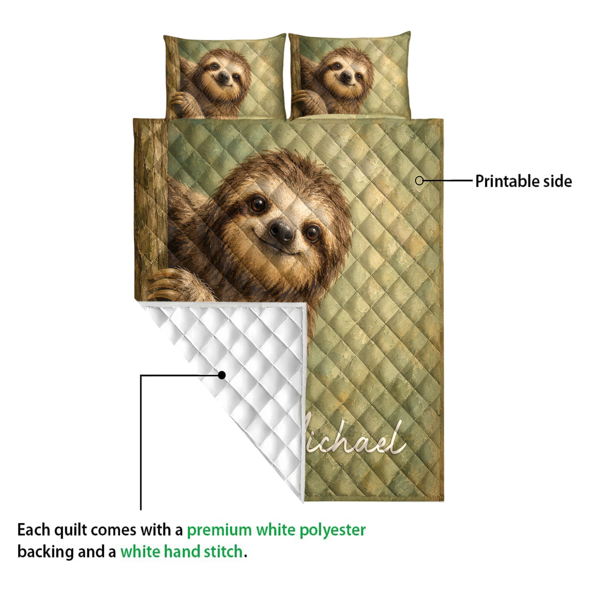 Sloth quilt showing the printed front artwork and white quilted reverse side