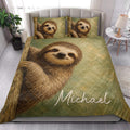 Sloth quilt blanket styled in a bright bedroom with a large relaxed sloth design