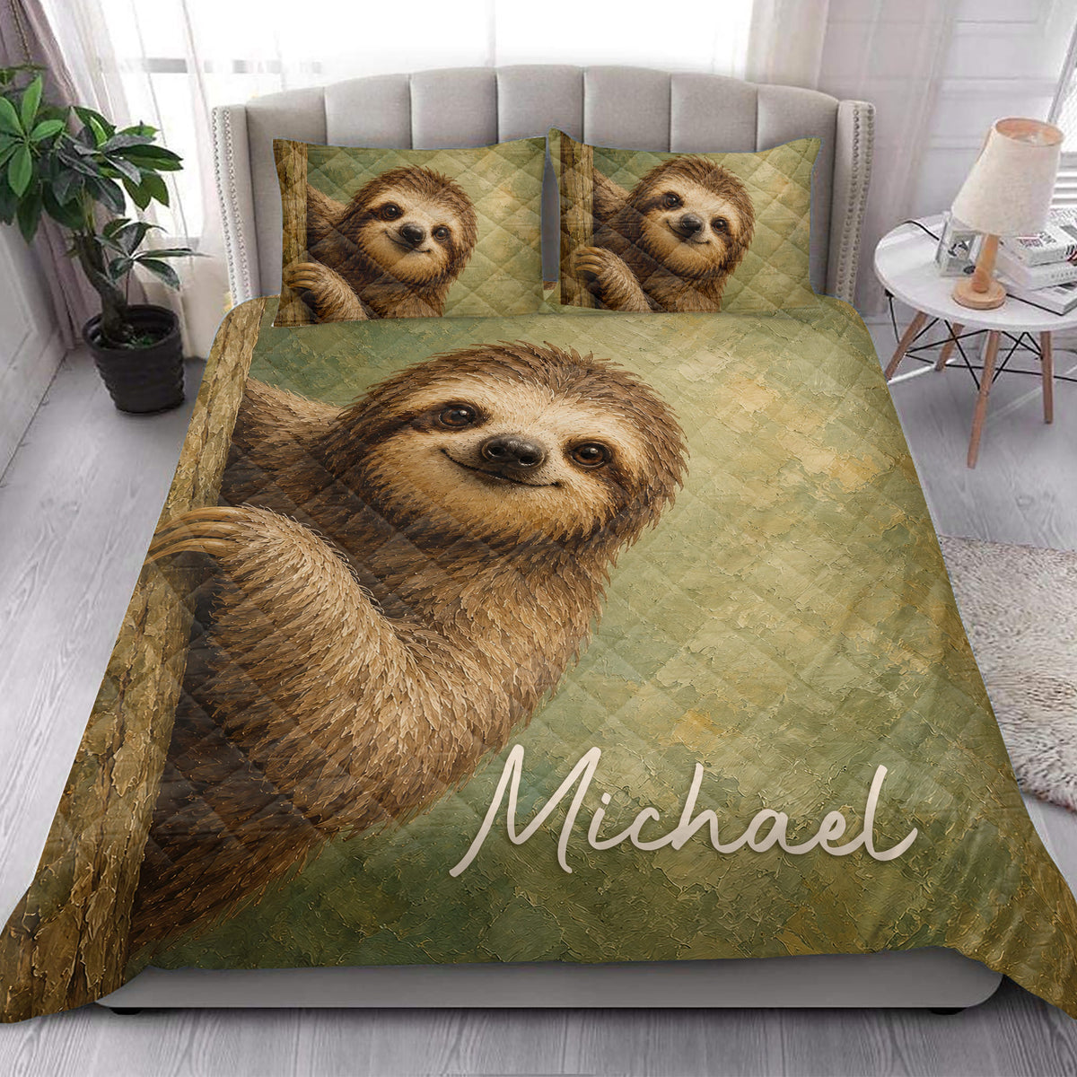 Sloth quilt blanket styled in a bright bedroom with a large relaxed sloth design