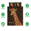 Giraffe quilt bedding set displayed with soft breathable and machine washable feature icons