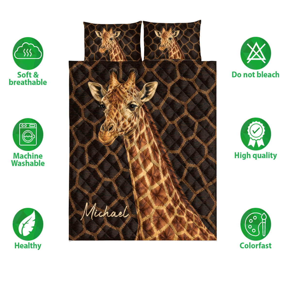 Giraffe quilt bedding set displayed with soft breathable and machine washable feature icons