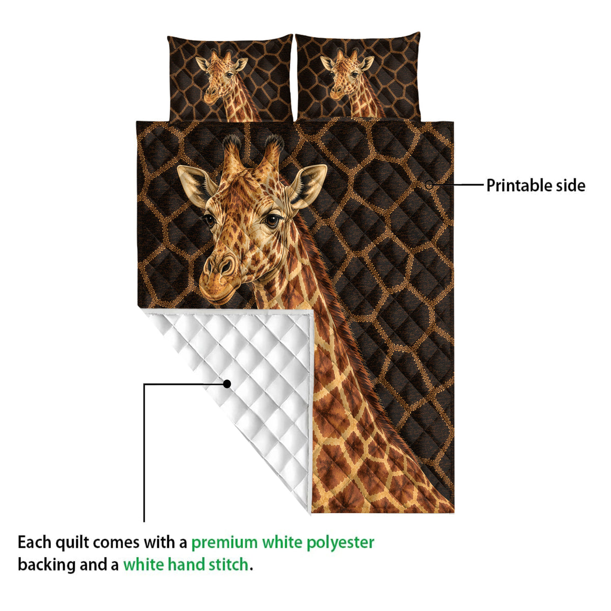 Giraffe quilt blanket showing the printed front, quilted backing, and white stitched finish