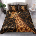 Giraffe quilt bedding set styled in a bright bedroom with safari-inspired black and gold artwork