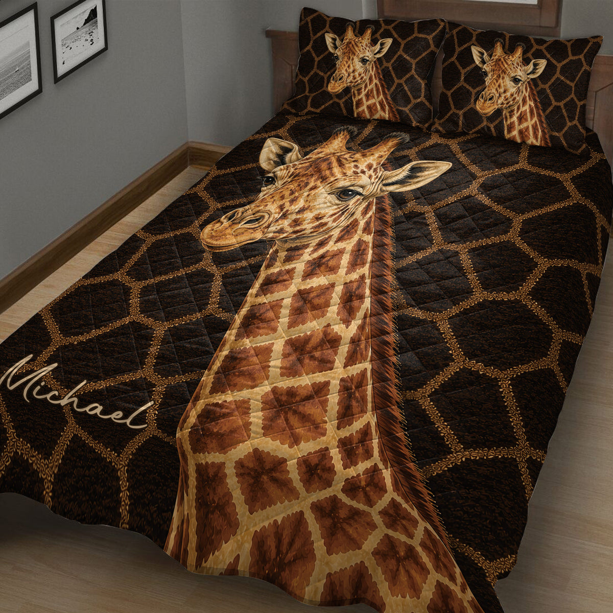 Close bedroom view of a giraffe quilt blanket with matching giraffe artwork on the bed