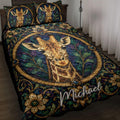 Giraffe quilt blanket displayed on a bed with ornate botanical artwork in deep blue, green, gold, and purple tones