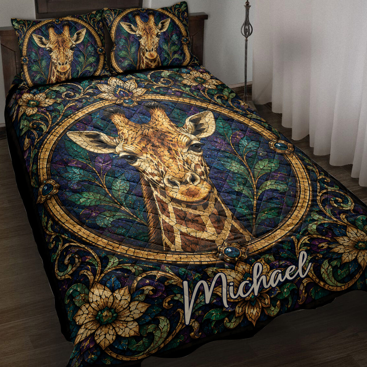 Giraffe quilt blanket displayed on a bed with ornate botanical artwork in deep blue, green, gold, and purple tones