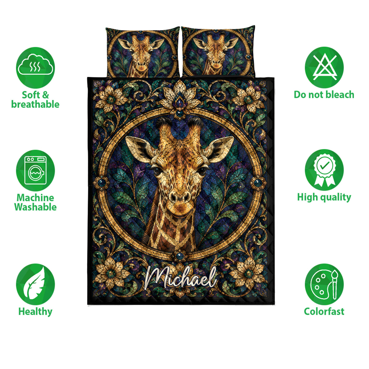 Giraffe quilt bedding set shown with matching giraffe pillowcase options and soft breathable product icons