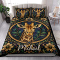 Giraffe quilt bedding set styled in a bright bedroom with botanical artwork and matching giraffe pillowcase options