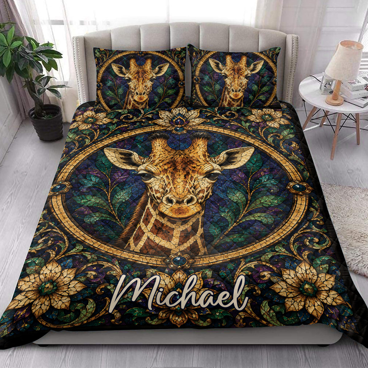 Giraffe quilt bedding set styled in a bright bedroom with botanical artwork and matching giraffe pillowcase options